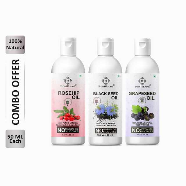 PuriFlame Pure Rosehip Oil (50 ml) & Blackseed Oil (50 ml) & Grapeseed Oil (50 ml) Combo For Rapid Hair Growth (Pack Of 3) (B-13259)