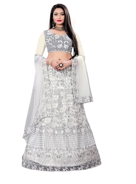 Net Printed Semi-Stitched Lehenga Choli with Dupatta for Women (Grey & White, Free Size)