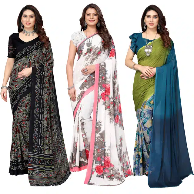 Women's Designer Floral Printed Saree with Blouse Piece (Pack of 3) (Multicolor) (SD-4)