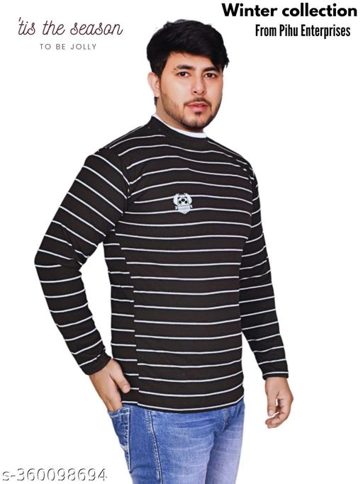 Woolen Striped Sweater for Men (Black, M)