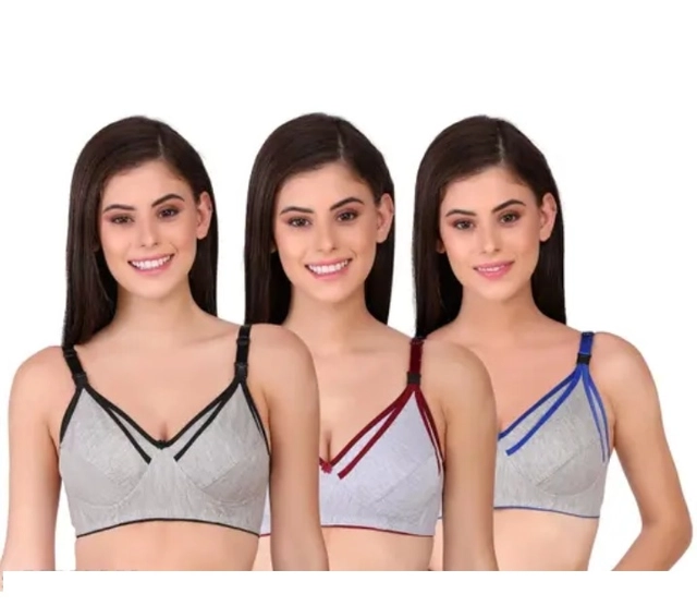 Polycotton Non Padded Bras for Women (Multicolor, 32) (Pack of 3)