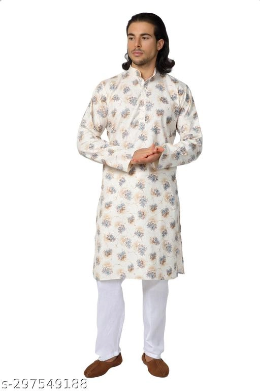 Cotton Printed Kurta with Pyjama for Men (Cream & White, S)