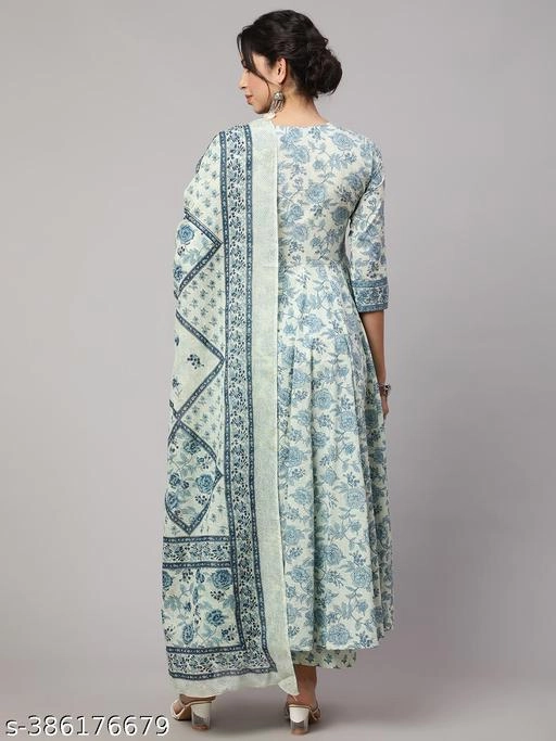 Cotton Printed Anarkali Kurti with Pant & Dupatta for Women (Sky Blue, S)