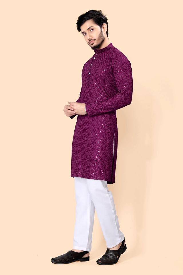 Cotton Blend Embroidered Kurta for Men (Purple, S)