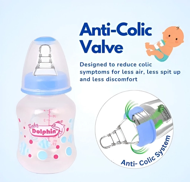 Baby Dolphin Anti-Colic Plastic Feeding Bottle 125ml | Pack of 1 |Liquid Silicone Nipple | BPA Free & Non-Toxic | Anti-Colic | Baby Feeder | Baby Milk Bottle