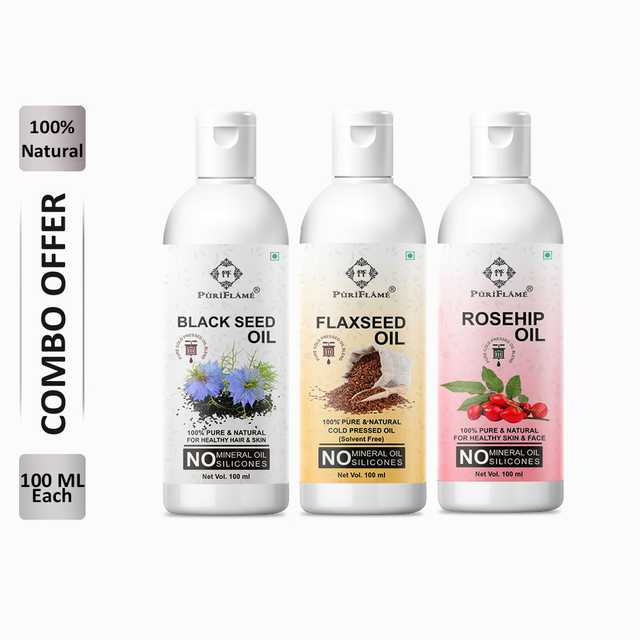 PuriFlame Pure Blackseed Oil (100 ml) & Flaxseed Oil (100 ml) & Rosehip Oil (100 ml) Combo For Rapid Hair Growth (Pack Of 3) (B-3075)
