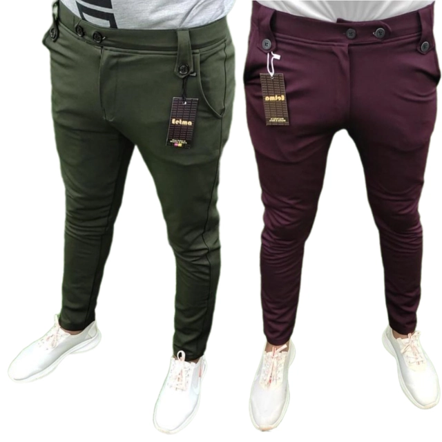 Lycra Solid Trousers for Men (Olive & Wine, 28) (Pack of 2)