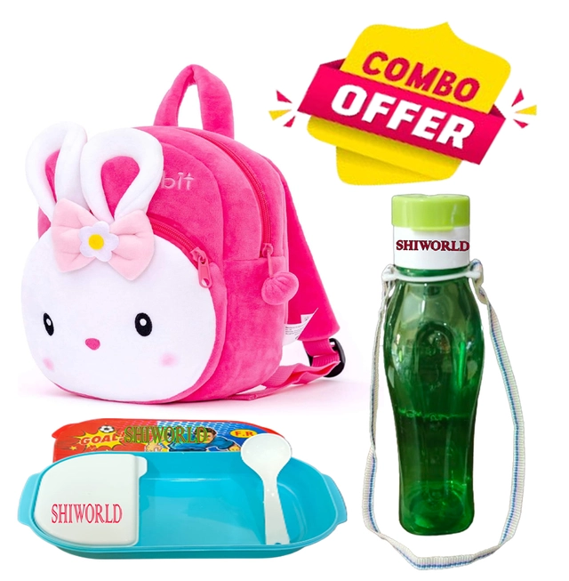 Fabric Backpack with Lunch Box & Water Bottle for Kids (Multicolor, Set of 3)