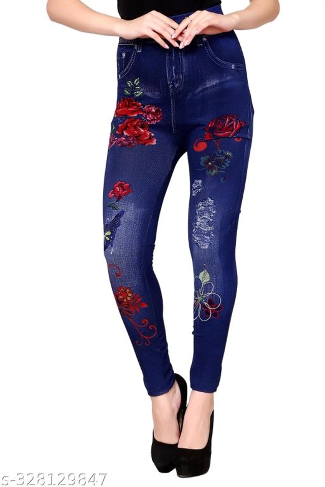 Polyester Dyed Jeggings for Women (Navy Blue, M)