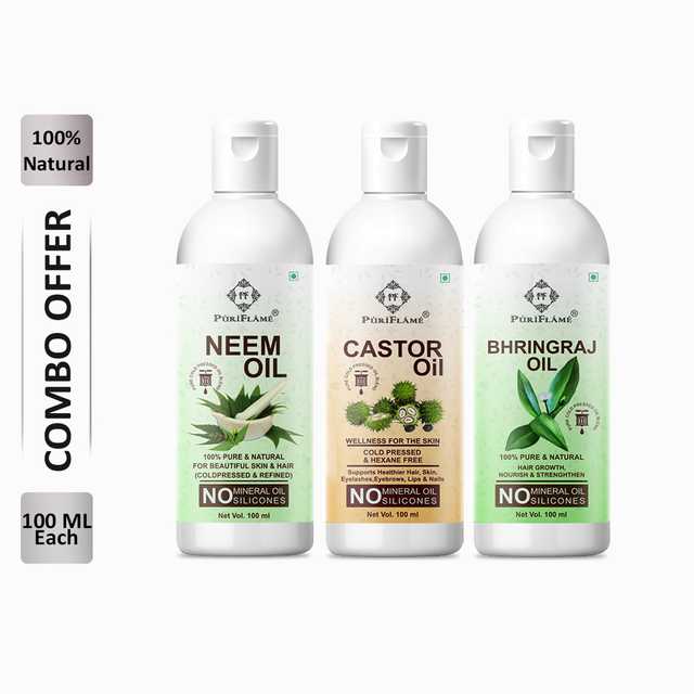 PuriFlame Pure Neem Oil (100 ml) & Castor Oil (100 ml) & Bhringraj Oil (100 ml) Combo For Rapid Hair Growth (Pack Of 3) (B-5781)