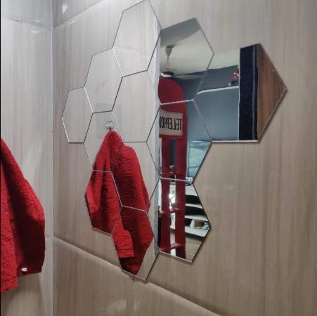 Hexagon Mirror Wall Stickers for Wall Bathroom Mirror Made of Plastic Flexible Mirror Silver Colour (Pack of 20)