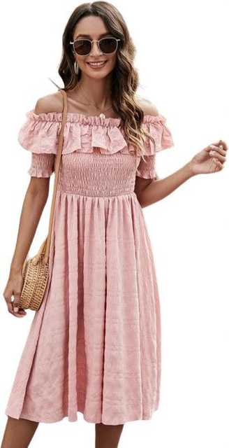 Stylish New Crepe Women Solid Off Shoulder Dress (Pink, XS) (ITN-100)