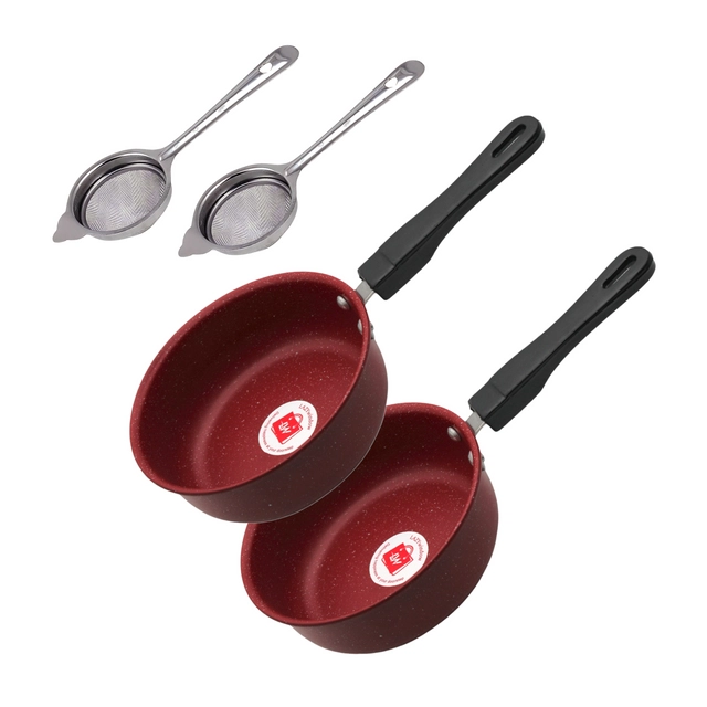 Non Stick Metal 2 Pcs Saucepan with 2 Pcs Tea Strainer (Set of 4) (Maroon & Silver)