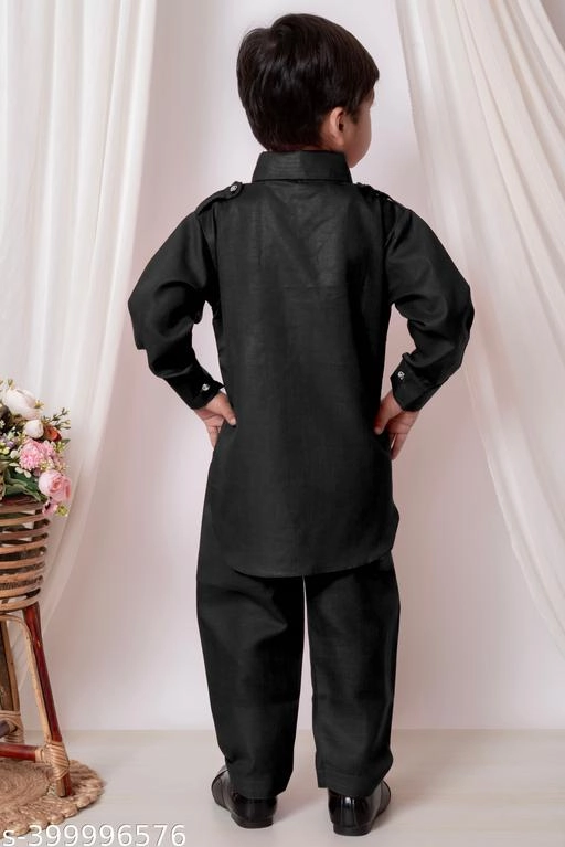 Cotton Solid Kurta with Pyjama for Boys (Black, 1-2 Years)