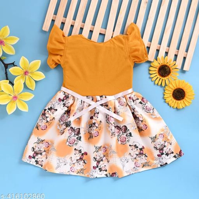 Crepe Printed Frock for Girls (Yellow, 0-3 Months)