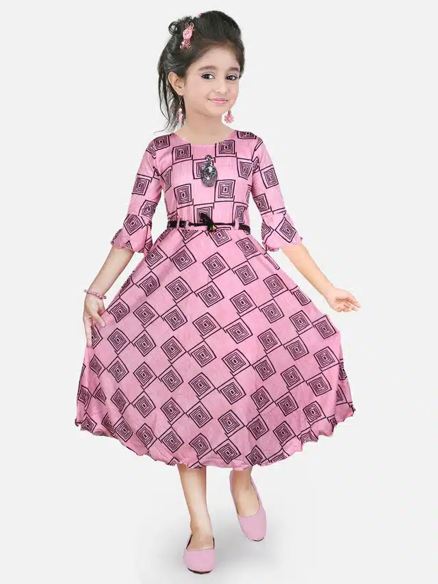 Three Quarter Sleeves Gown for Girls (Pink, 10-11 Years)