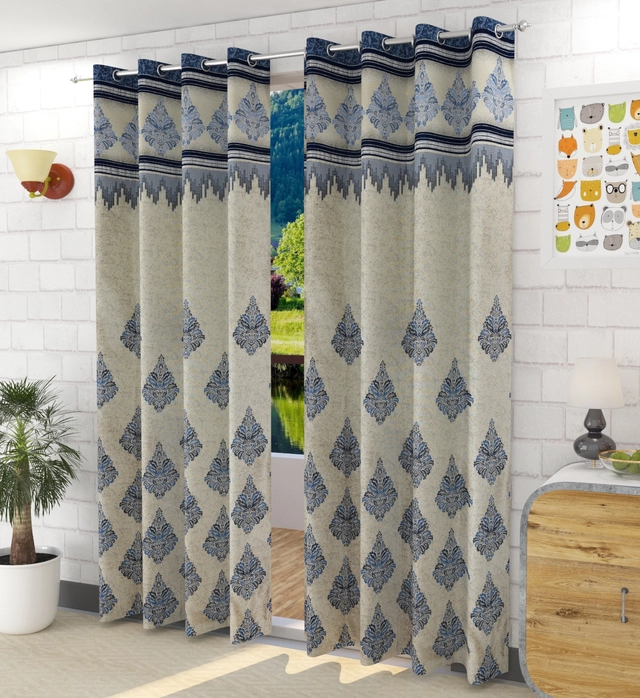 Jacquard Printed Window & Door Curtains (Blue, 7 feet) (Pack of 2)