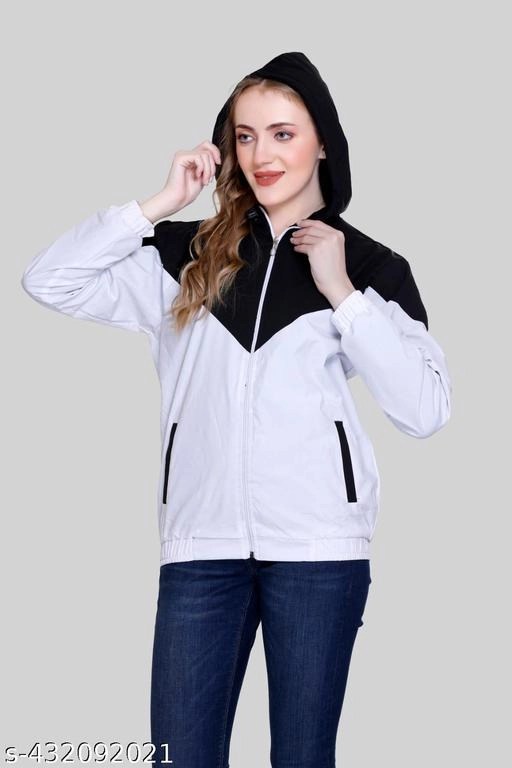 Nylon Solid Jackets for Women (Black & White, M)