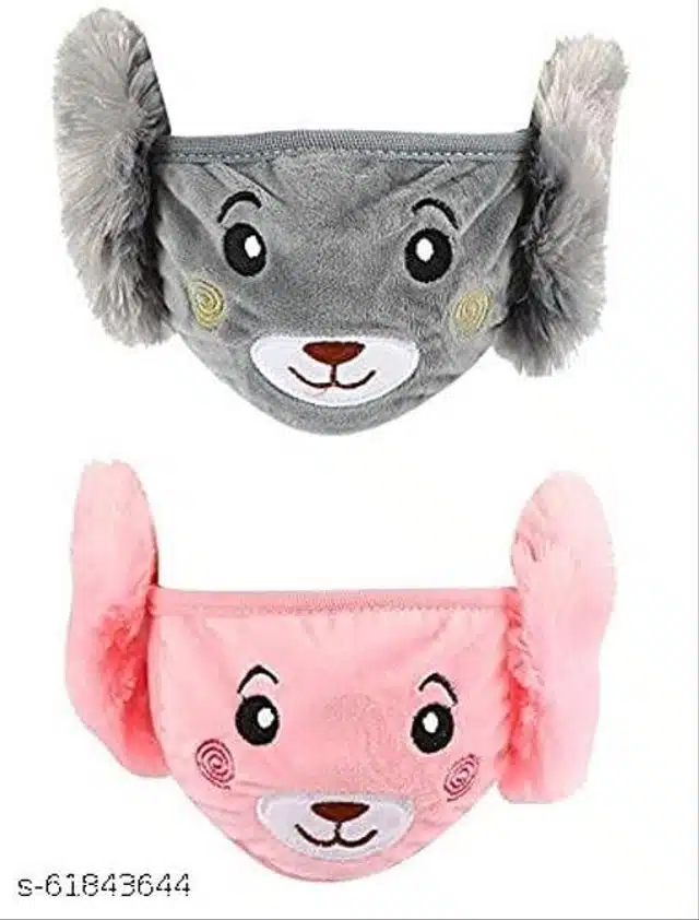 Winter Face Mask with Plush Ear Muffs for Kids (Grey & Pink, 3-10 Years) (Pack of 2)