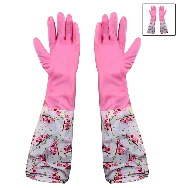 PVC Latex Kitchen Dishwashing Cleaning Gloves (Pink, Set of 1)