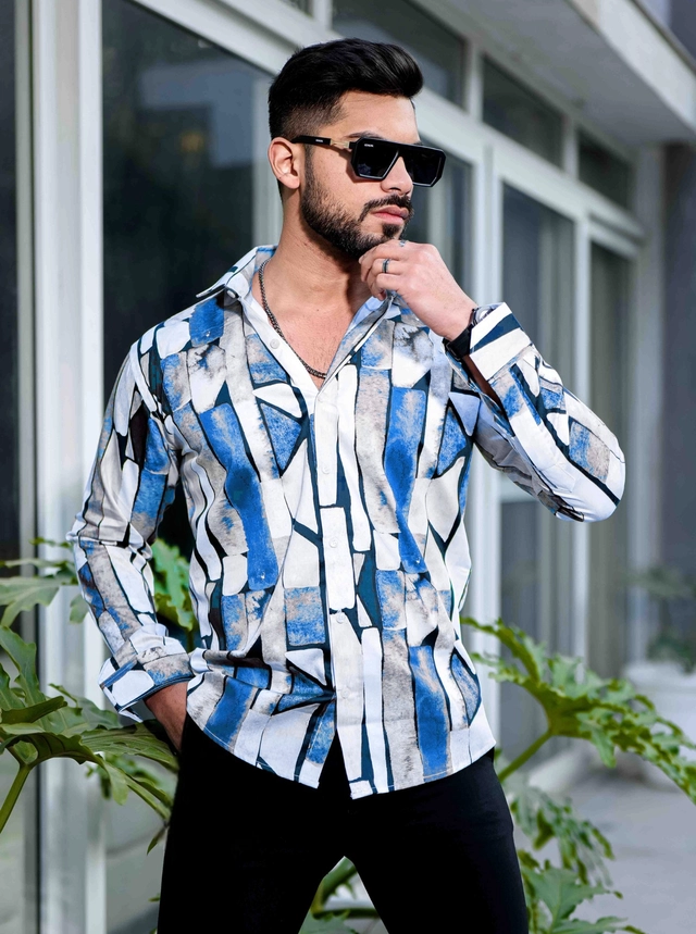 Full Sleeves Printed Shirt for Men (Blue & White, S)