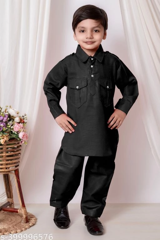 Cotton Solid Kurta with Pyjama for Boys (Black, 1-2 Years)