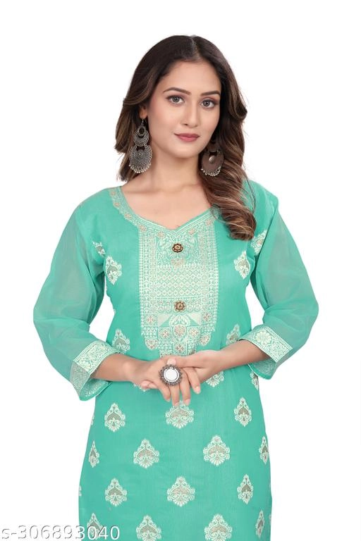 Cotton Embroidered Kurti for Women (Sea Green, L)