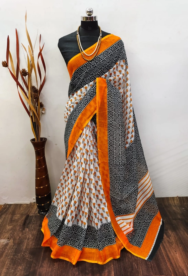 Linen Printed Saree for Women (Multicolor, 6.3 m)