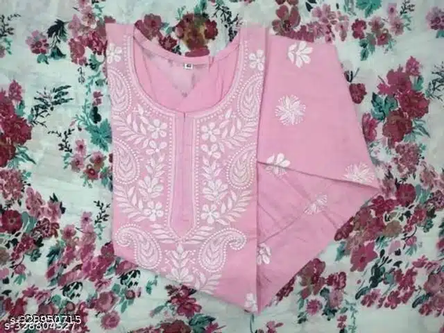 Cotton Chikankari Kurti for Women (Pink, S)