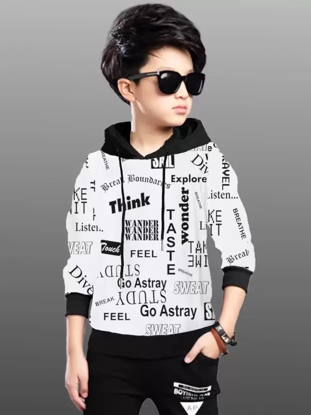 Cotton Blend Printed Hoodie for Boys (White, 2-3 Years)