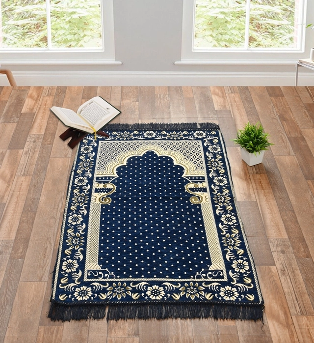 Velvet Chenille Super Soft Namaz Prayer Mat (Navy Blue, 70x110 cm)