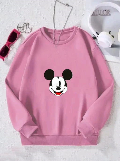 Fleece Printed Full Sleeves Sweatshirt for Women & Girls (Pink, S)