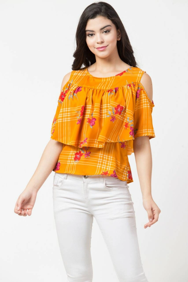 Cotton Printed Top for Women (Mustard, S)