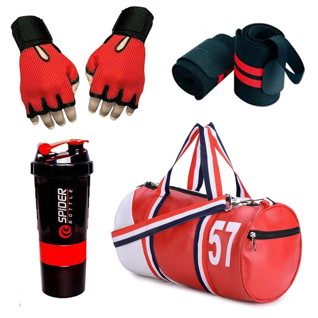 Polyester Printed Gym Bag with Gloves, Wristband & Shaker Bottle (500 ml) for Men & Women (Multicolor, Set of 1)