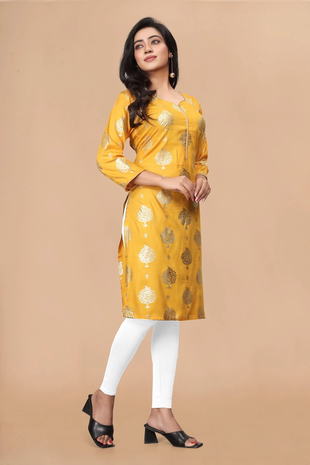 Cotton Silk Embellished Kurti for Women (Yellow, M)