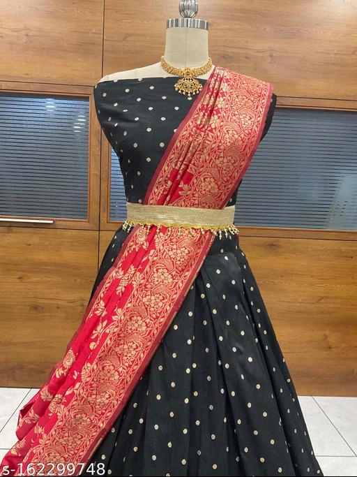 Art Silk Woven Design Un Stitched Lehenga with Choli & Dupatta for Women (Black & Maroon)