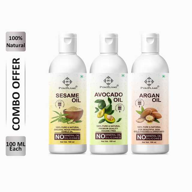 PuriFlame Pure Sesame Oil (100 ml) & Avocado Oil (100 ml) & Argan Oil (100 ml) Combo For Rapid Hair Growth (Pack Of 3) (B-7435)