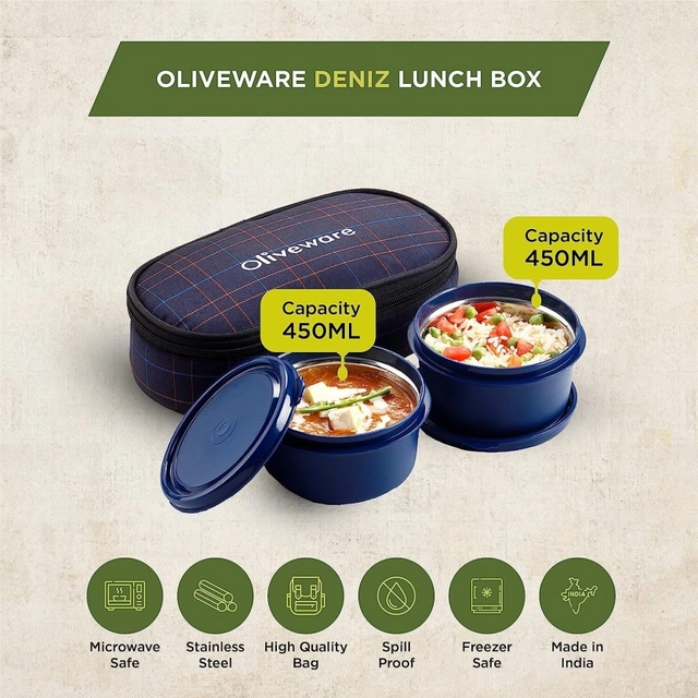 OLIVEWARE Deniz Lunch Box, 2 Stainless Steel Containers, Insulated Fabric Bag 2 Containers Lunch Box (900 ml, Thermoware, Pack of 1)