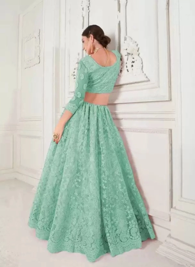 Net Embroidered Semi Stitched Lehenga for Women (Green)