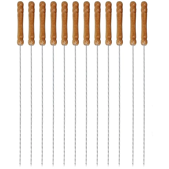 Stainless Steel Barbecue Skewers with Wooden Handle (Brown & Silver, 12 inches) (Pack of 12)