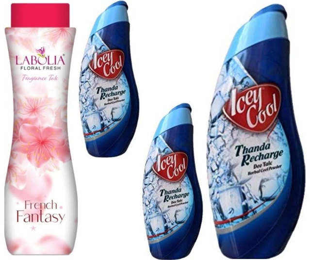 Combo of Labolia French Fantasy (400 g) with Icey Cool Deo (300 g) & 2 Pcs (50 g) Talcum Powders (Set of 4)