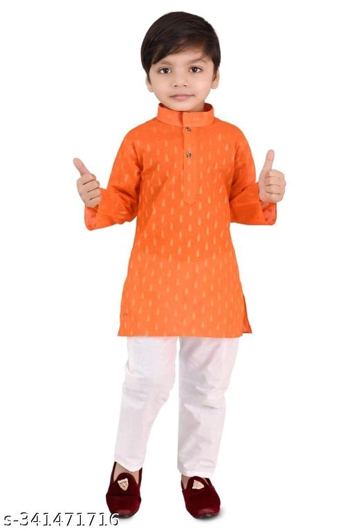 Cotton Blend Printed Kurta with Pyjama for Boys (Orange & White, 6-12 Months)