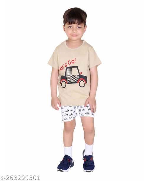 Cotton Printed Clothing Set for Boys (Beige, 6-9 Months)