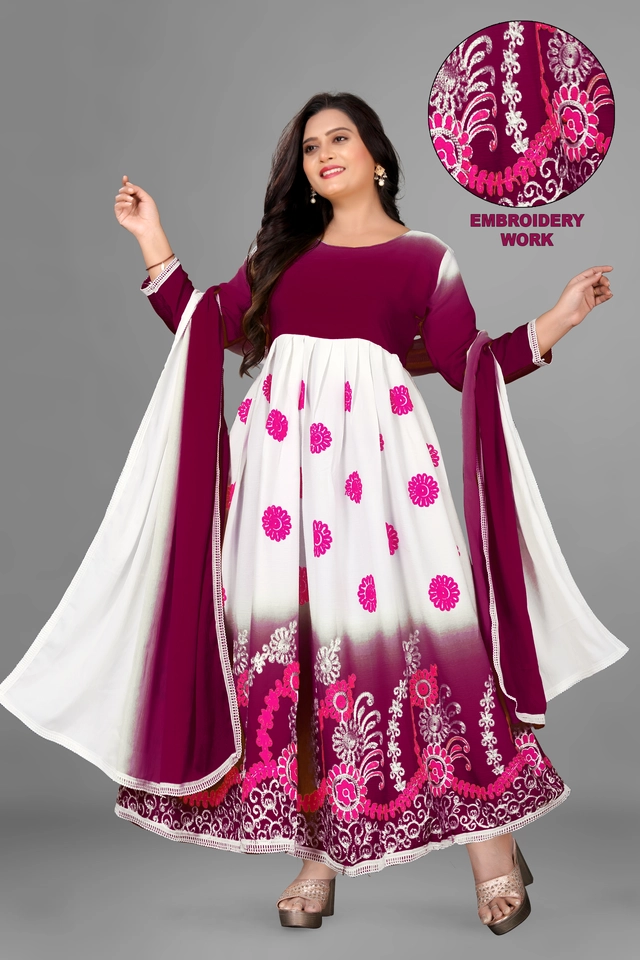 Jute Silk Printed Anarkali Kurti with Dupatta for Women (Purple & White, S)