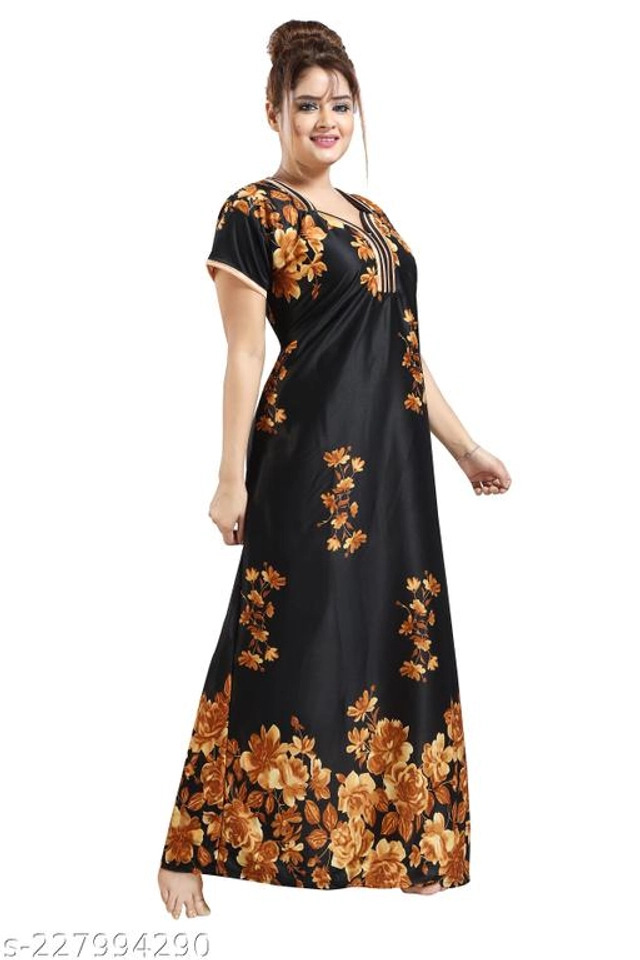 Satin Nightdress for Women (Gold & Black, L)