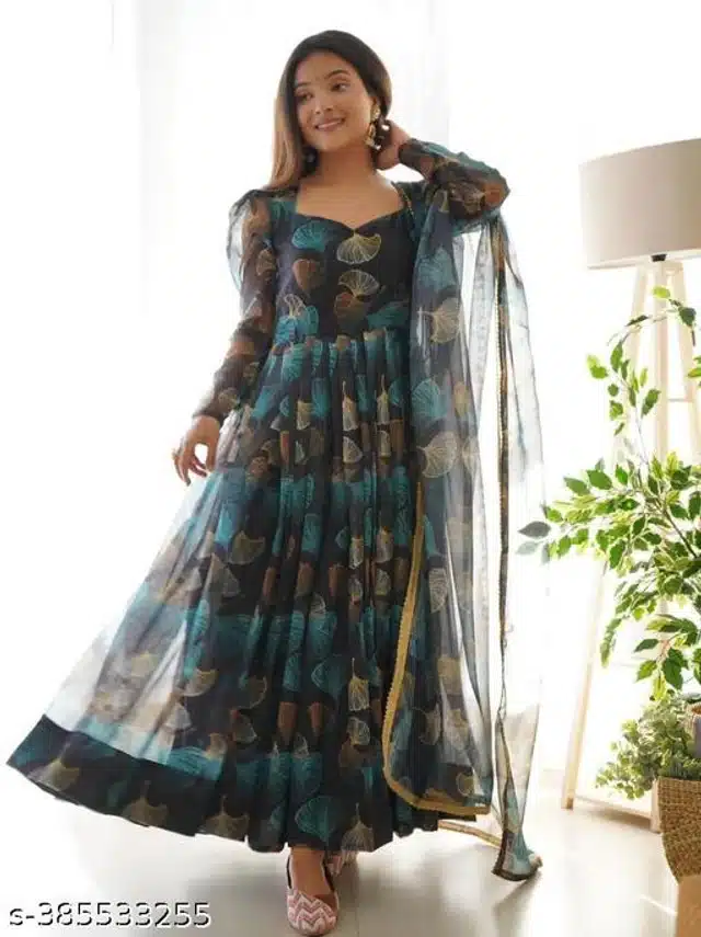 Georgette Printed Gown with Dupatta for Women (Black & Teal, S)