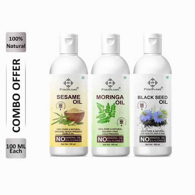 PuriFlame Pure Sesame Oil (100 ml) & Moringa Oil (100 ml) & Blackseed Oil (100 ml) Combo For Rapid Hair Growth (Pack Of 3) (B-7600)