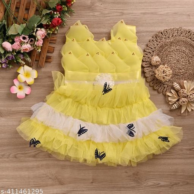 Net Frock for Girls (Yellow & White, 9-12 Months)