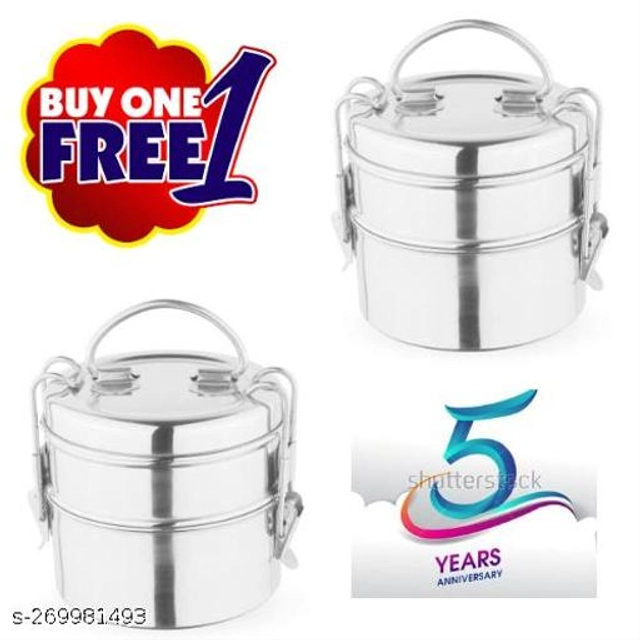 Stainless Steel 2 Layer Lunch Box (Silver, Pack of 2)