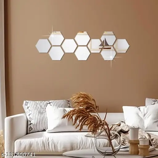 Mirror Finish Wall Stickers & Wallpapers (Hexagon Silver) - 3D Acrylic Decorative Mirror Stickers For Home, Almira, Bedroom, Living room, Kitchen, Bathroom, Festivals Etc (Pack of 10)